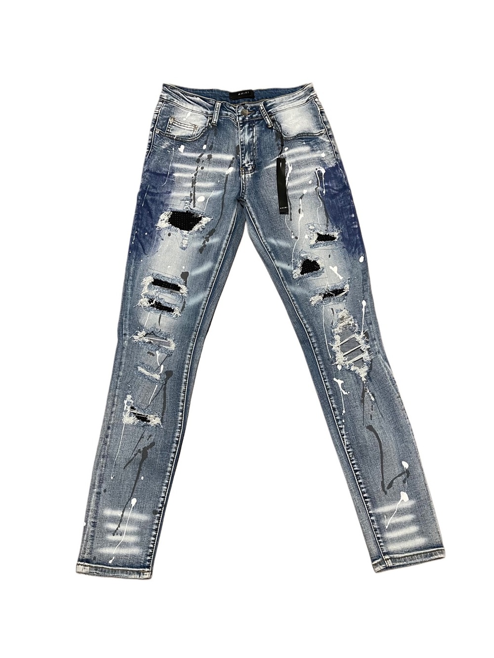 AMIRI Distressed Blue Skinny Jeans with Paint Splatter